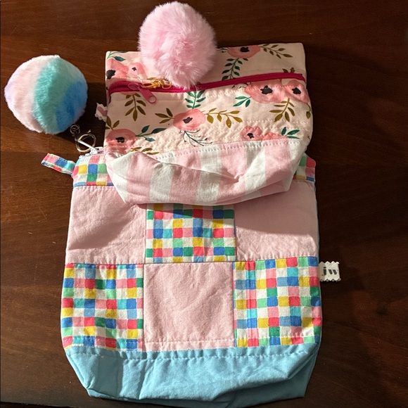 Other - Kids Pink Floral & Patchwork Backpack with Pom Pom Keychain